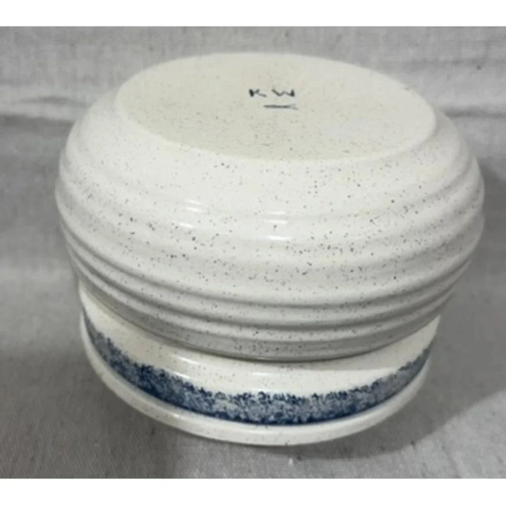 KW Studio Pottery Canister Give Thanks To The Lord Blue Cream Speckled 5x5